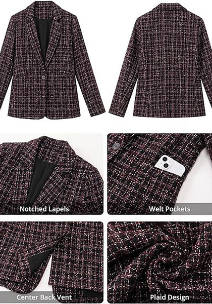 GRAPENT Women's Tweed Plaid Blazer | Notched Lapel, Fully Lined, Shoulder Pads, Single Button, 2 Pockets, Interview Office Business Casual