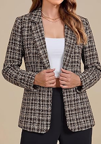 Brown Women's Plaid Tweed Work Blazer | Long Sleeve Notched Lapel Jacket, Fully Lined, Shoulder Pads, Single Button, 2 Pockets – Office, Interview, Business Casual