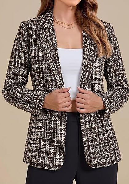 GRAPENT Women's Tweed Plaid Blazer | Notched Lapel, Fully Lined, Shoulder Pads, Single Button, 2 Pockets, Interview Office Business Casual
