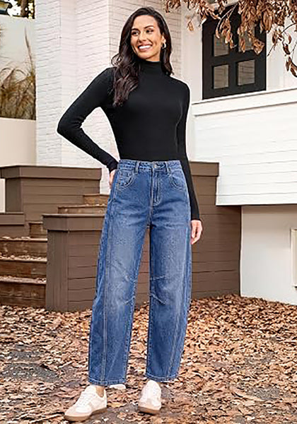 Classic Blue Women's Trendy Barrel Jeans — High Waisted Baggy Wide Leg Denim Pants with Cinched Waist, Front Seam & Ankle Length