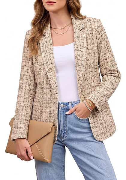 GRAPENT Women's Tweed Plaid Blazer | Notched Lapel, Fully Lined, Shoulder Pads, Single Button, 2 Pockets, Interview Office Business Casual
