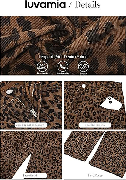 Brown Cheetah Women's Trendy Leopard Barrel Jeans — High Waisted Baggy Wide Leg Stretchy Denim Pants with Front Seam & Ankle Length