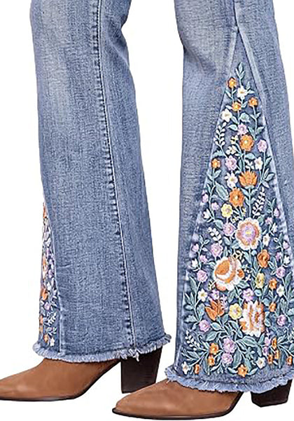 Eternal Blue Women's Floral Embroidery Flare Jeans — High Waisted Stretchy Bootcut Denim with Raw Frayed Hem & Retro Distressed Wash