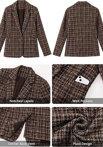 GRAPENT Women's Tweed Plaid Blazer | Notched Lapel, Fully Lined, Shoulder Pads, Single Button, 2 Pockets, Interview Office Business Casual