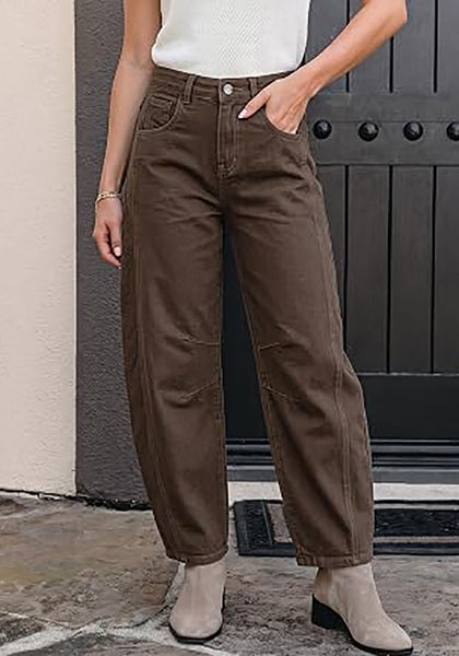 Dark Brown Women's Trendy Barrel Jeans — High Waisted Baggy Wide Leg Denim Pants with Cinched Waist, Front Seam & Ankle Length