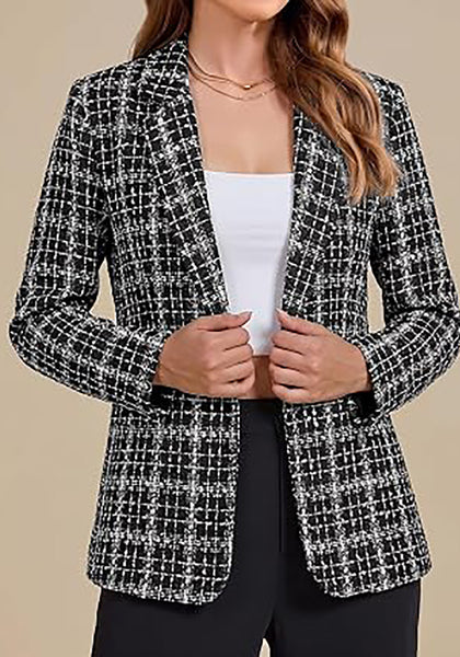 Black &White Women's Plaid Tweed Work Blazer | Long Sleeve Notched Lapel Jacket, Fully Lined, Shoulder Pads, Single Button, 2 Pockets – Office, Interview, Business Casual