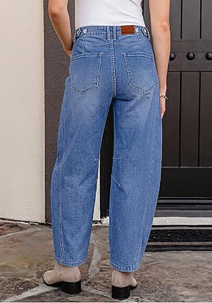 Medium Blue Women's High Waisted Wide Leg Jeans by luvamia — Stretchy 90s Baggy Straight Denim, Raw Hem, Button Front, 29.5" Inseam, Casual Western Work Pants