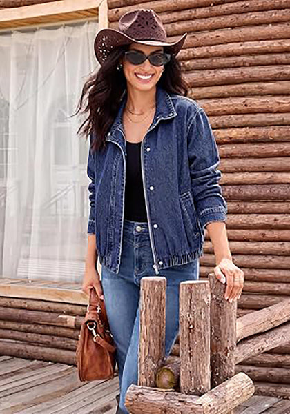 Darkness Blue Women's Funnel Neck Denim Jacket — Oversized Zip Up Jean Jacket with Drop Shoulder, Elastic Hem & Side Slant Pockets