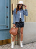 Medium Blue Acid Washed Women's Denim Frayed Hem Button Up Distressed Jackets
