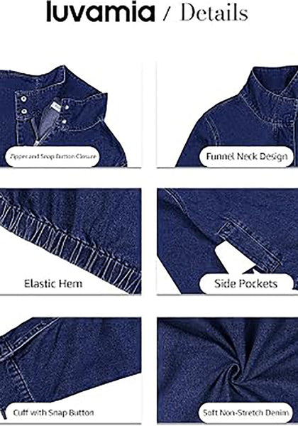 Darkness Blue Women's Funnel Neck Denim Jacket — Oversized Zip Up Jean Jacket with Drop Shoulder, Elastic Hem & Side Slant Pockets