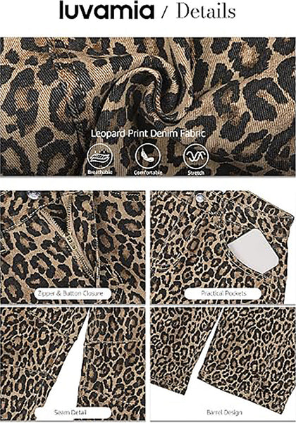 Khaki Brown Leopard Women's Trendy Leopard Barrel Jeans — High Waisted Baggy Wide Leg Stretchy Denim Pants with Front Seam & Ankle Length