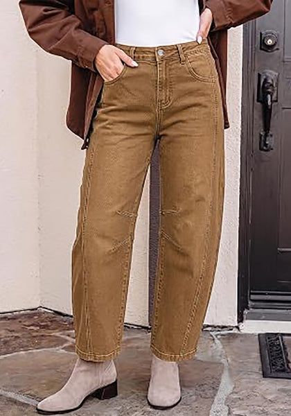 Golden Brown Women's High Waisted Wide Leg Jeans by luvamia — Stretchy 90s Baggy Straight Denim, Raw Hem, Button Front, 29.5" Inseam, Casual Western Work Pants