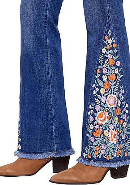 Classic Blue Women's Floral Embroidery Flare Jeans — High Waisted Stretchy Bootcut Denim with Raw Frayed Hem & Retro Distressed Wash