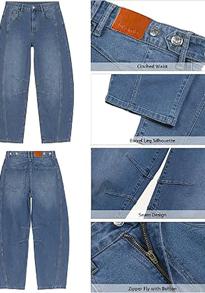 Vintage Blue Women's Trendy Barrel Jeans — High Waisted Baggy Wide Leg Denim Pants with Cinched Waist, Front Seam & Ankle Length