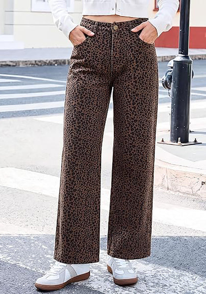 GRAPENT Women's High Waist Wide Leg Leopard Jeans | Stretchy Denim, Baggy Loose Fit, 29.5" Inseam, Cheetah Print, Western Chic Outfits