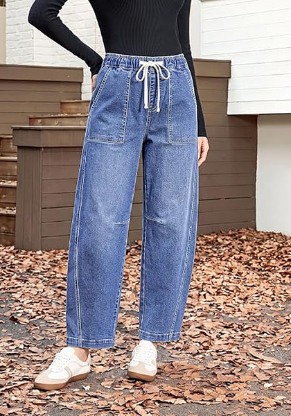 GRAPENT Women's High Waisted Baggy Barrel Jeans | Stretchy Denim, Elastic Drawstring Waist, Pull On, 27.5" Inseam, Ankle Length, Dressy Casual Outfits