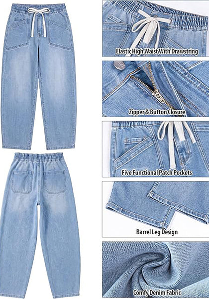 GRAPENT Women's High Waisted Barrel Jeans | Stretchy Denim, Elastic Drawstring Waist, 27.5" Inseam, Front Patch Pockets, Dressy Casual Outfits