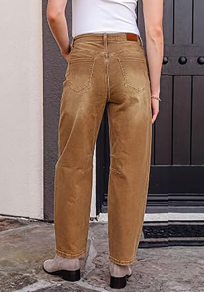 Golden Brown Barrel Jeans for Women High Waisted Baggy Drawstring Wide Leg Denim Pants Stretchy Ankle Length 27.5 Inseam Casual Trendy