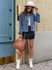 Classic Blue Acid Washed Women's Denim Frayed Hem Button Up Distressed Jackets