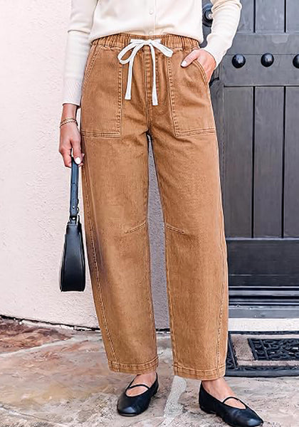 GRAPENT Women's High Waisted Baggy Barrel Jeans | Stretchy Denim, Elastic Drawstring Waist, Pull On, 27.5" Inseam, Ankle Length, Dressy Casual Outfits