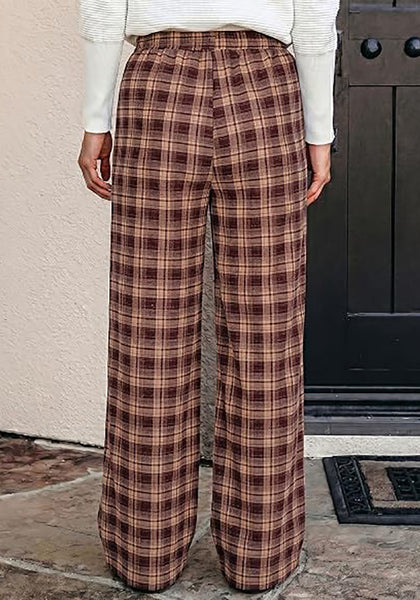 GRAPENT Women's High Waisted Wide Leg Plaid Pants | Tartan Pattern, Elastic Waist Drawstring, Pockets, Relaxed Fit, Casual Daily Fall Outfits