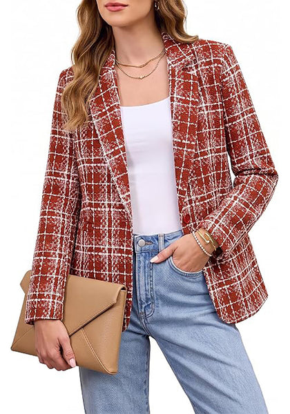 GRAPENT Women's Tweed Plaid Blazer | Notched Lapel, Fully Lined, Shoulder Pads, Single Button, 2 Pockets, Interview Office Business Casual