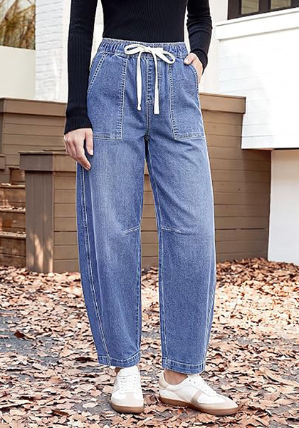 GRAPENT Women's High Waisted Baggy Barrel Jeans | Stretchy Denim, Elastic Drawstring Waist, Pull On, 27.5" Inseam, Ankle Length, Dressy Casual Outfits