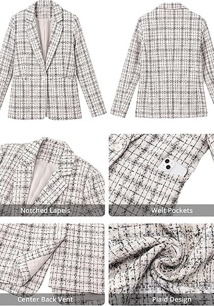 GRAPENT Women's Tweed Plaid Blazer | Notched Lapel, Fully Lined, Shoulder Pads, Single Button, 2 Pockets, Interview Office Business Casual