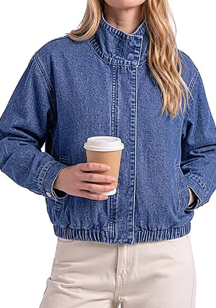 Classic Blue Women's Funnel Neck Denim Jacket — Oversized Zip Up Jean Jacket with Drop Shoulder, Elastic Hem & Side Slant Pockets