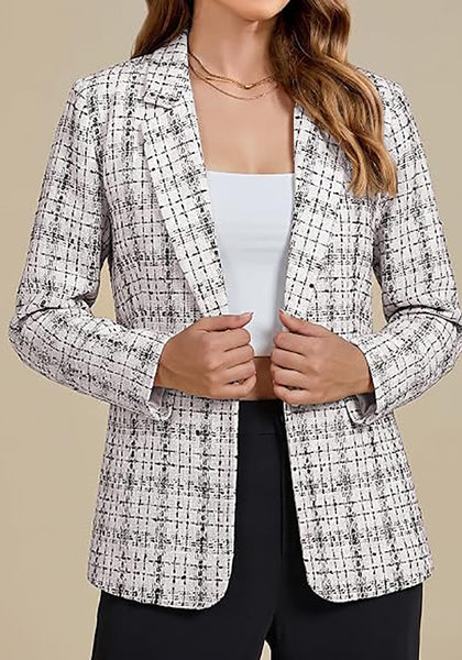 GRAPENT Women's Tweed Plaid Blazer | Notched Lapel, Fully Lined, Shoulder Pads, Single Button, 2 Pockets, Interview Office Business Casual