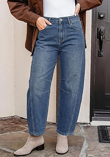 Vintage Blue Women's Trendy Barrel Jeans — High Waisted Baggy Wide Leg Denim Pants with Cinched Waist, Front Seam & Ankle Length