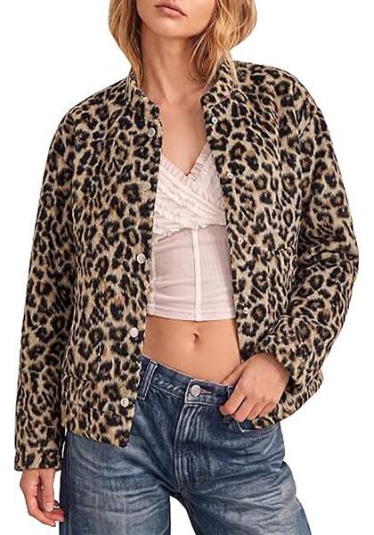 Sand Leopard Women's Leopard Print Bomber Jacket — Oversized Brushed Wool Blend Cheetah Jacket with Stand Collar, Snap Buttons & Elastic Hem