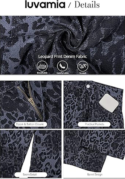 Gray Leopard Women's Trendy Leopard Barrel Jeans — High Waisted Baggy Wide Leg Stretchy Denim Pants with Front Seam & Ankle Length
