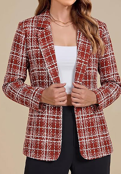 GRAPENT Women's Tweed Plaid Blazer | Notched Lapel, Fully Lined, Shoulder Pads, Single Button, 2 Pockets, Interview Office Business Casual