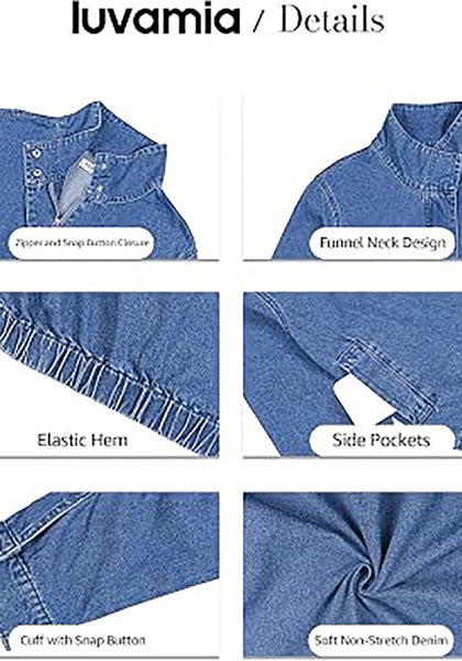 Medium Blue Women's Funnel Neck Denim Jacket — Oversized Zip Up Jean Jacket with Drop Shoulder, Elastic Hem & Side Slant Pockets