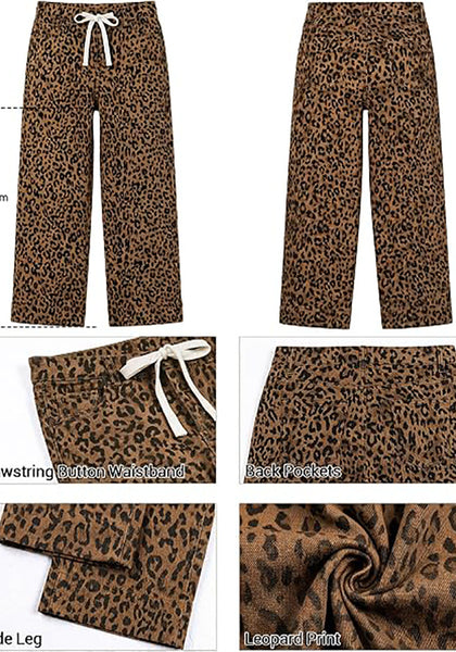 GRAPENT Women's High Waisted Wide Leg Leopard Jeans | Leopard Print Denim, Drawstring Waist, Loose Straight Leg, 28" Inseam, Dressy Casual Everyday Wear