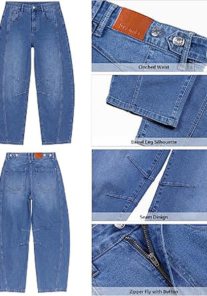 Classic Blue Women's Trendy Barrel Jeans — High Waisted Baggy Wide Leg Denim Pants with Cinched Waist, Front Seam & Ankle Length