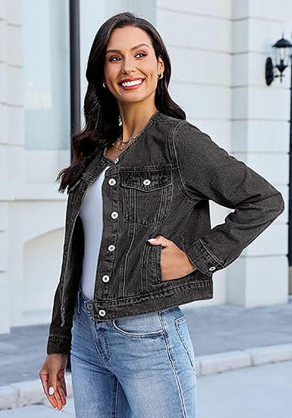 LookbookStore Women Washed Black Denim Jacket Crew Neck Button Front Utility Pockets Relaxed Fit Casual Daily Wear Staple