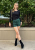 Dark Green Women's Comfy High Waisted Stretchy Faux Leather Denim Pants Shorts