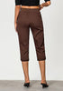 Brown Women Waist High Waist Slight Stretch Capri Elastic Wais