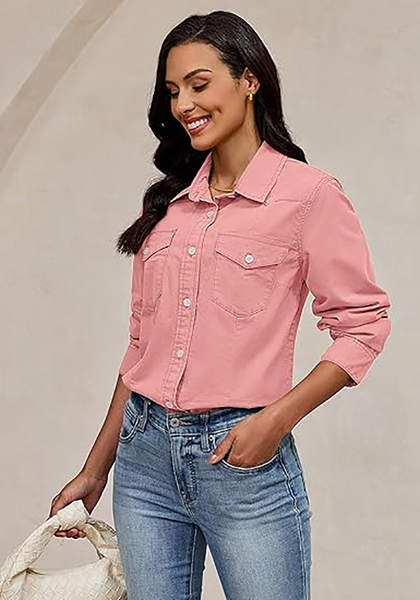 LookbookStore Women's Aurora Pink Long Sleeve Button Down Denim Shirt Relaxed Fit Chambray Western Style Casual Collared Jean Top