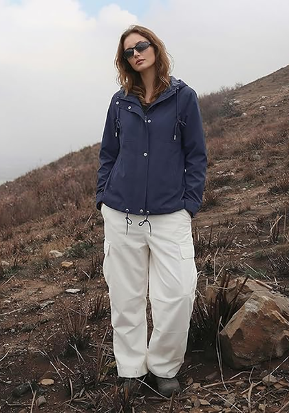 LookbookStore Women Navy Blue Waterproof Lightweight Rain Jacket Hooded Windbreaker Drawstring Zip Rain Coat for Hiking Outdoor Travel