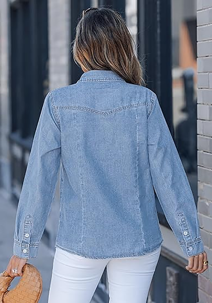 LookbookStore Women's Indigo Skyblue Long Sleeve Button Down Denim Shirt Relaxed Fit Chambray Western Style Casual Collared Jean Top