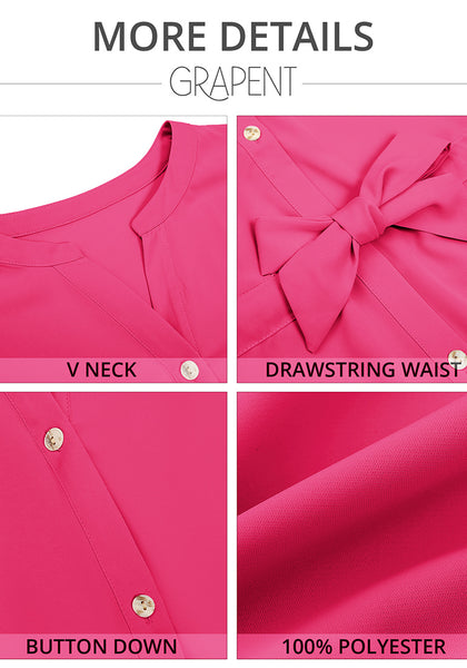 Hot Pink Women's Short Sleeve Office Blouse Button-Down Shirts