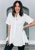 Brilliant White 2023 Button Down Shirts for Women Oversized Short Sleeve Blouses Babydoll Flowy High Low Tunic Tops Summer