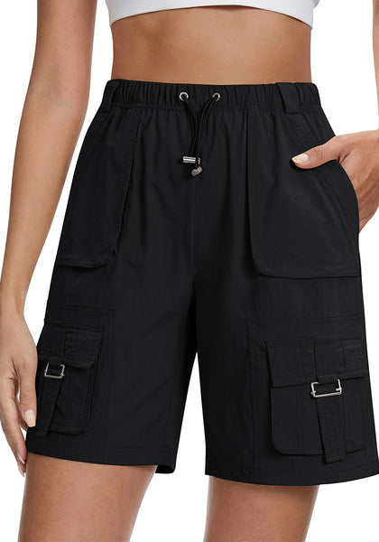 LookbookStore Women's Black 9" Inseam Bermuda Hiking Shorts Knee Length Quick Dry Elastic Waist Pull On Cargo Sport Long Shorts