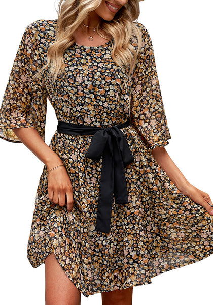 Black Floral Floral Babydoll Dress for Women Chiffon Cute Flowy Summer Beach Short Dresses with Pockets