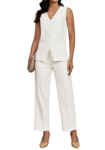 LookbookStore Cream White Two Piece Sets for Women Vest Pantsuits Set Structured Fit Functional Pockets Elegant Office Casual Outfits