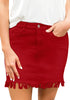 Red Frayed Hem Washed Denim Mini Skirt