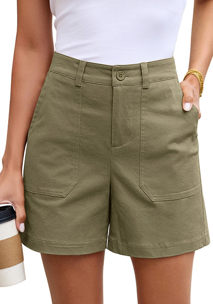 LookbookStore Women Olive Green High Waisted Summer Shorts Casual Dressy Cotton Chino Elastic Waist 5" Inseam Mid Thigh Comfort Shorts